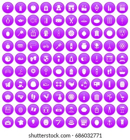 100 beauty product icons set in purple circle isolated on white vector illustration