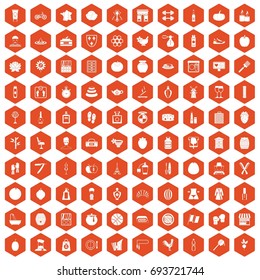 100 beauty product icons set in orange hexagon isolated vector illustration