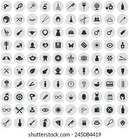 100 beauty salon icons, black on circle gray background 