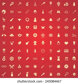 100 beauty salon icons, yellow on red background 