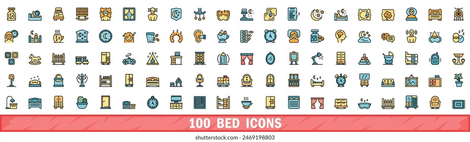 100 bed icons set. Color line set of bed vector icons thin line color flat on white
