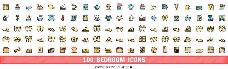100 bedroom icons set. Color line set of bedroom vector icons thin line color flat on white