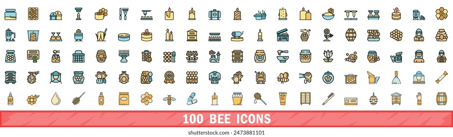 100 bee icons set. Color line set of bee vector icons thin line color flat on white