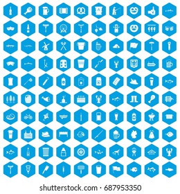 100 beer icons set in blue hexagon isolated vector illustration