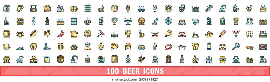 100 beer icons set. Color line set of beer vector icons thin line color flat on white