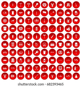 100 beer icons set in red circle isolated on white vector illustration