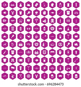 100 beer icons set in violet hexagon isolated vector illustration