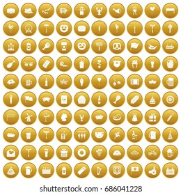 100 beer party icons set in gold circle isolated on white vectr illustration