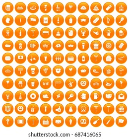 100 beer party icons set in orange circle isolated vector illustration