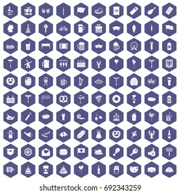 100 beer party icons set in purple hexagon isolated vector illustration