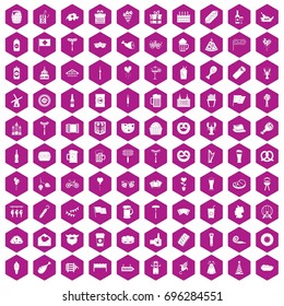 100 beer party icons set in violet hexagon isolated vector illustration