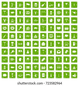 100 beer party icons set in grunge style green color isolated on white background vector illustration