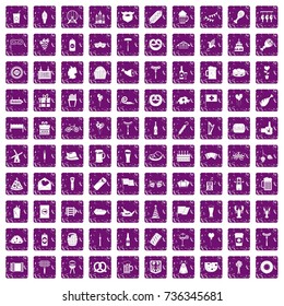 100 beer party icons set in grunge style purple color isolated on white background vector illustration
