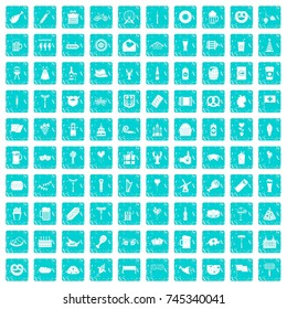 100 beer party icons set in grunge style blue color isolated on white background vector illustration