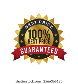 100% Best Price Guaranteed Badge with Red Ribbon and Star Object for Business, Website, Sales Page and Products Funnel