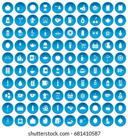 100 beverage icons set in blue circle isolated on white vector illustration