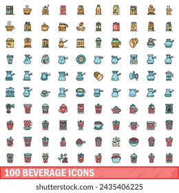 100 beverage icons set. Color line set of beverage vector icons thin line color flat on white