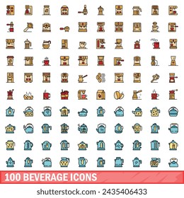 100 beverage icons set. Color line set of beverage vector icons thin line color flat on white