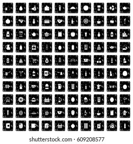 100 beverage icons set in grunge style isolated vector illustration