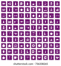 100 beverage icons set in grunge style purple color isolated on white background vector illustration