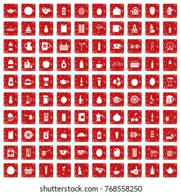 100 beverage icons set in grunge style red color isolated on white background vector illustration