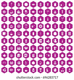 100 beverage icons set in violet hexagon isolated vector illustration