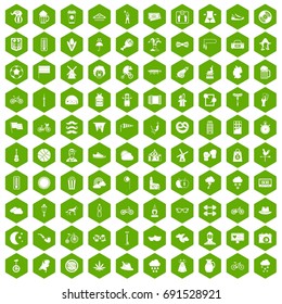 100 bicycle icons set in green hexagon isolated vector illustration