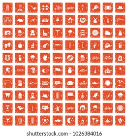 100 bicycle icons set in grunge style orange color isolated on white background vector illustration