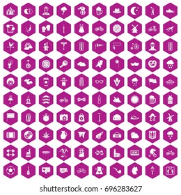 100 bicycle icons set in violet hexagon isolated vector illustration