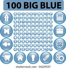 100 big blue glossy buttons. vector