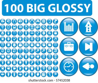 100 big blue glossy media buttons. vector