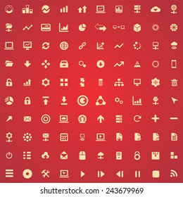 100 big data, database icons, yellow on red background