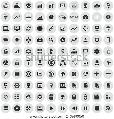 100 big data, database icons, black on circle gray background 