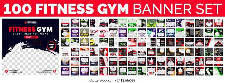 100 grandes mega manojos de gimnasio Fitness gimnasia social media juego de plantillas de banner. 100 grandes paquetes de mega colección. gimnasia, entrenamiento, fitness y deportes en medios sociales conjunto de banners.