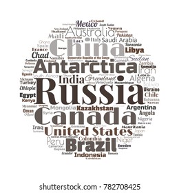100 biggest countries word cloud. Collage of largest territories in the world. Travel concept vector illustration. Geography infographics