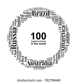 100 biggest countries word cloud. Collage of largest territories in the world. Travel concept vector illustration. Geography infographics