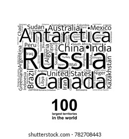 100 biggest countries word cloud. Collage of largest territories in the world. Travel concept vector illustration. Geography infographics