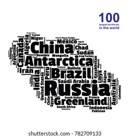 100 biggest countries word cloud. Collage of largest territories in the world. Travel concept vector illustration. Geography infographics