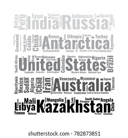 100 biggest countries word cloud. Collage of largest territories in the world. Travel concept vector illustration. Geography infographics