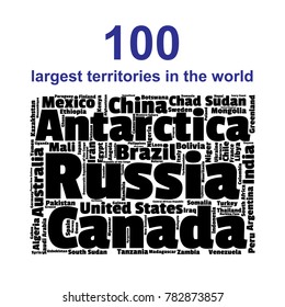 100 biggest countries word cloud. Collage of largest territories in the world. Travel concept vector illustration. Geography infographics