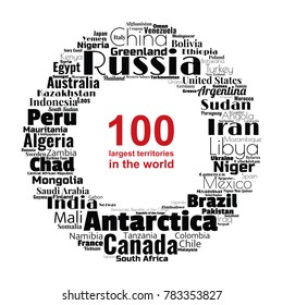 100 biggest countries word cloud. Collage of largest territories in the world. Travel concept vector illustration. Geography infographics
