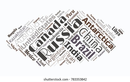 100 biggest countries word cloud. Collage of largest territories in the world. Travel concept vector illustration. Geography infographics