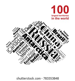 100 biggest countries word cloud. Collage of largest territories in the world. Travel concept vector illustration. Geography infographics