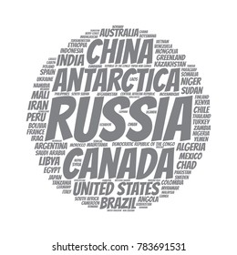 100 biggest countries word cloud. Collage of largest territories in the world. Travel concept vector illustration. Geography infographics