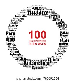 100 biggest countries word cloud. Collage of largest territories in the world. Travel concept vector illustration. Geography infographics