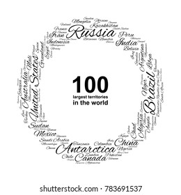 100 biggest countries word cloud. Collage of largest territories in the world. Travel concept vector illustration. Geography infographics