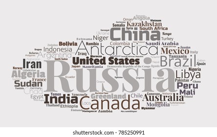 100 biggest countries word cloud. Collage of largest territories in the world. Travel concept vector illustration. Geography infographics
