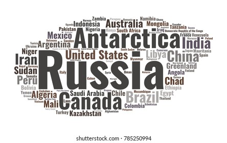 100 biggest countries word cloud. Collage of largest territories in the world. Travel concept vector illustration. Geography infographics