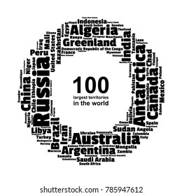 100 biggest countries word cloud. Collage of largest territories in the world. Travel concept vector illustration. Geography infographics