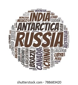 100 biggest countries word cloud. Collage of largest territories in the world. Travel concept vector illustration. Geography infographics